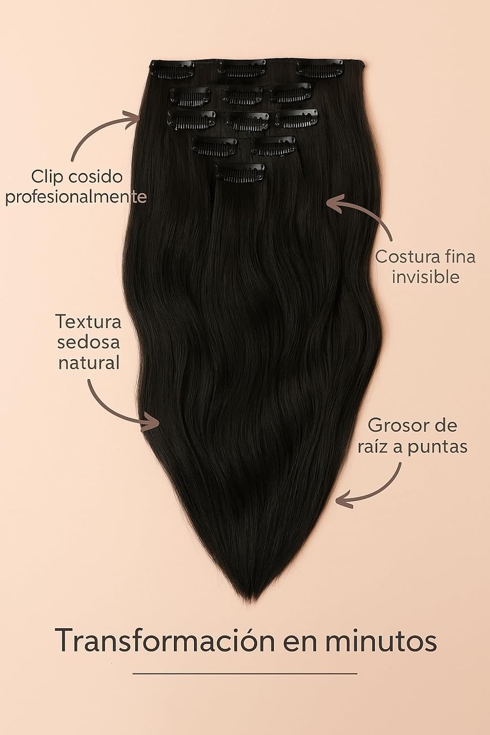 Extensiones de Clip 100% Cabello Natural 80 g, 50 cm, 7 piezas (#1B Dark Brown)
