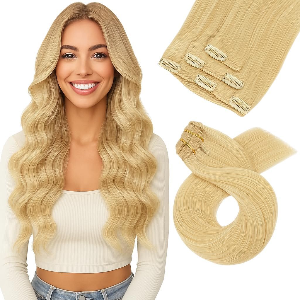 Extensiones de Pelo Remy Natural Clips – 50 cm, 80 g, 7 Piezas (#60B Ice Blonde)